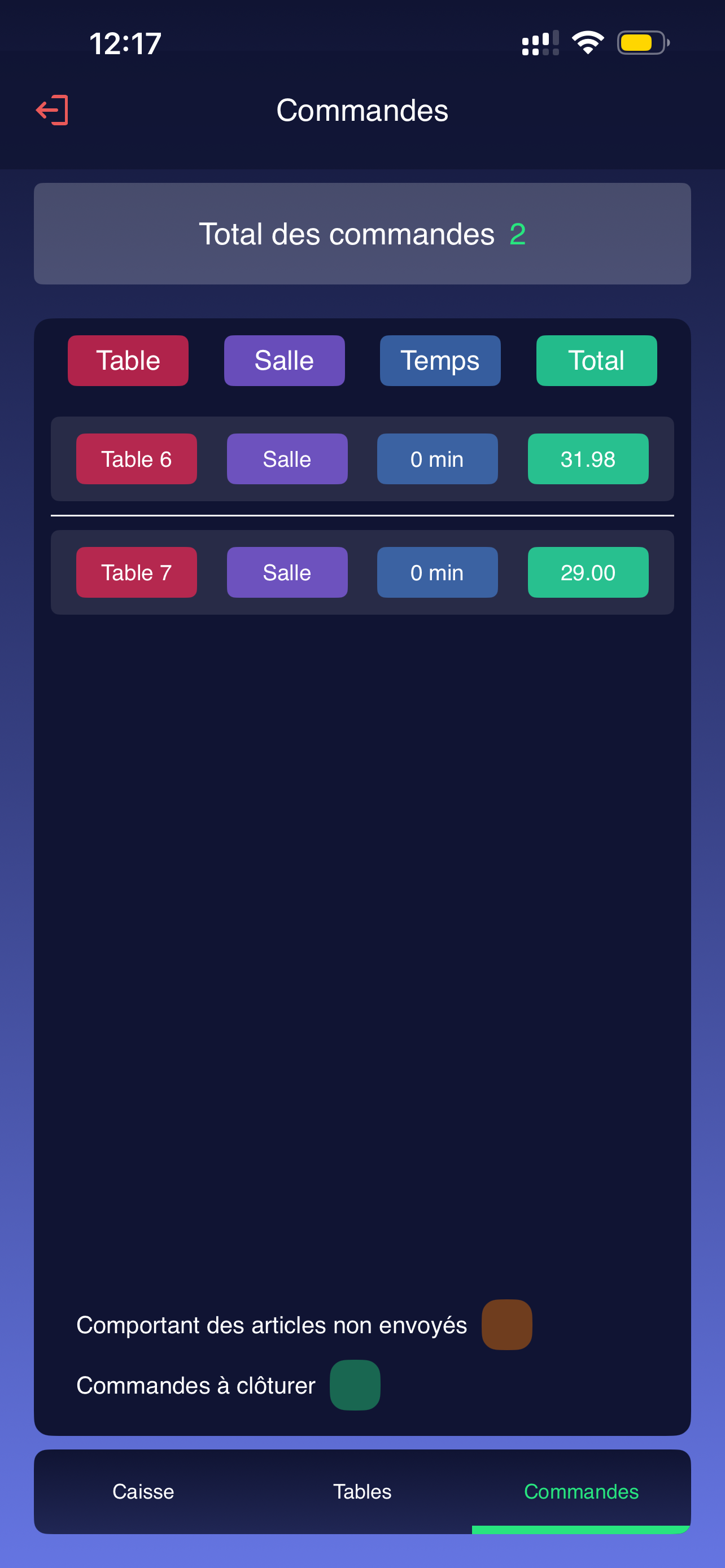 MCaisse — Application serveur, liste des commandes en cours