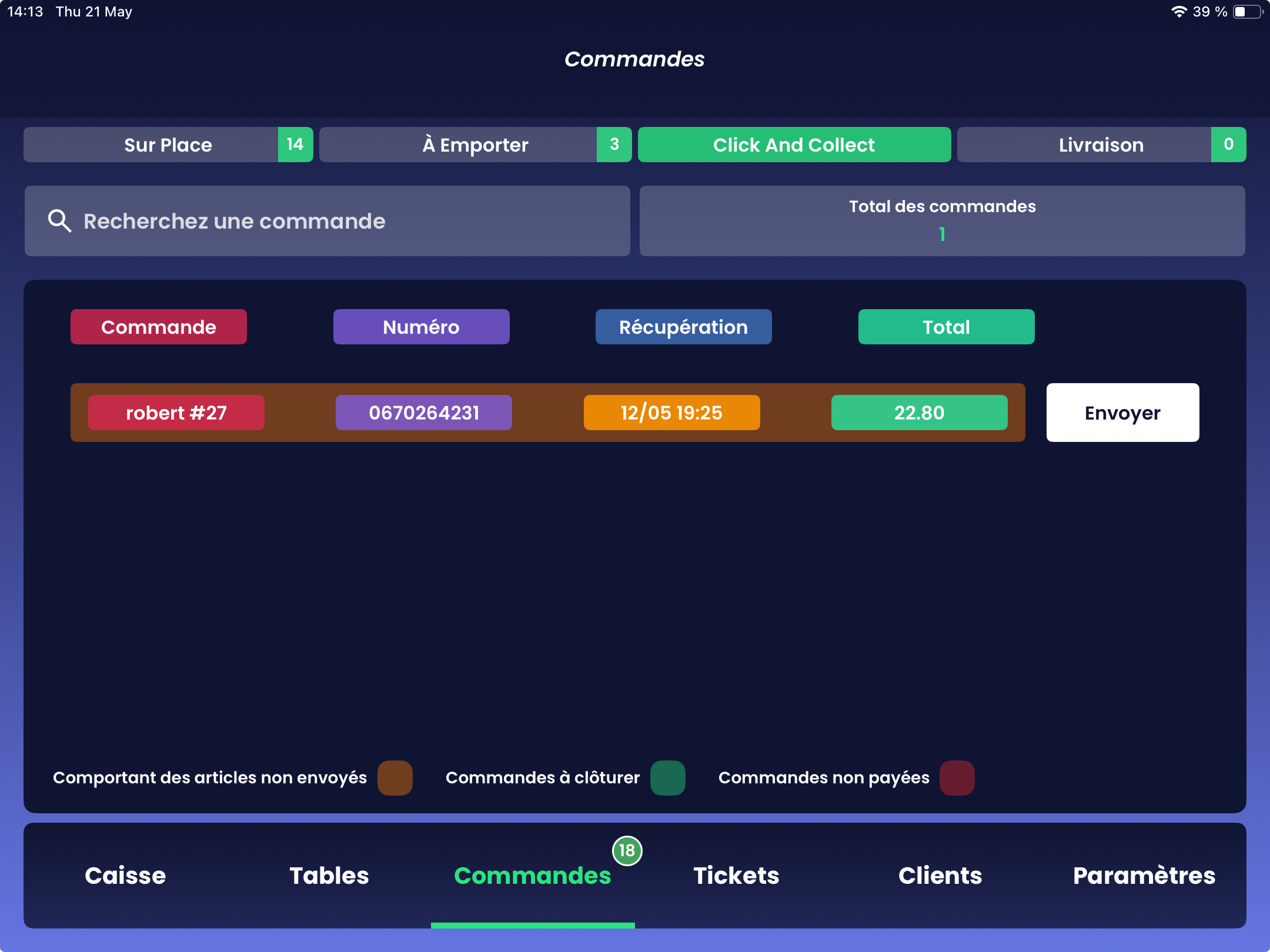 MCaisse - Ecran Commandes avec onglets Sur place, A emporter, Click & Collect et Livraison