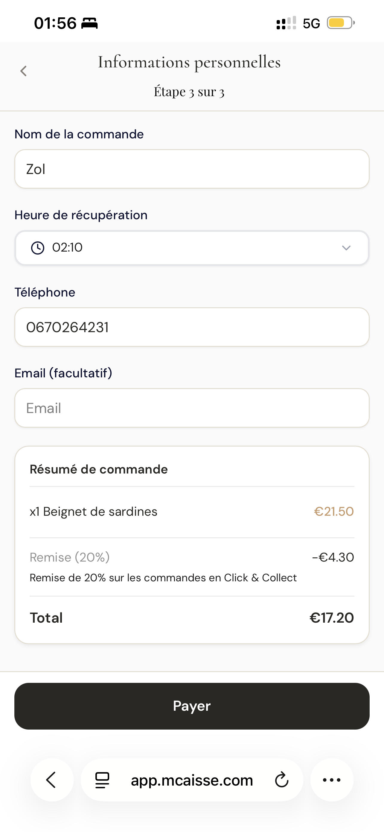 MCaisse - Ecran de paiement Click & Collect