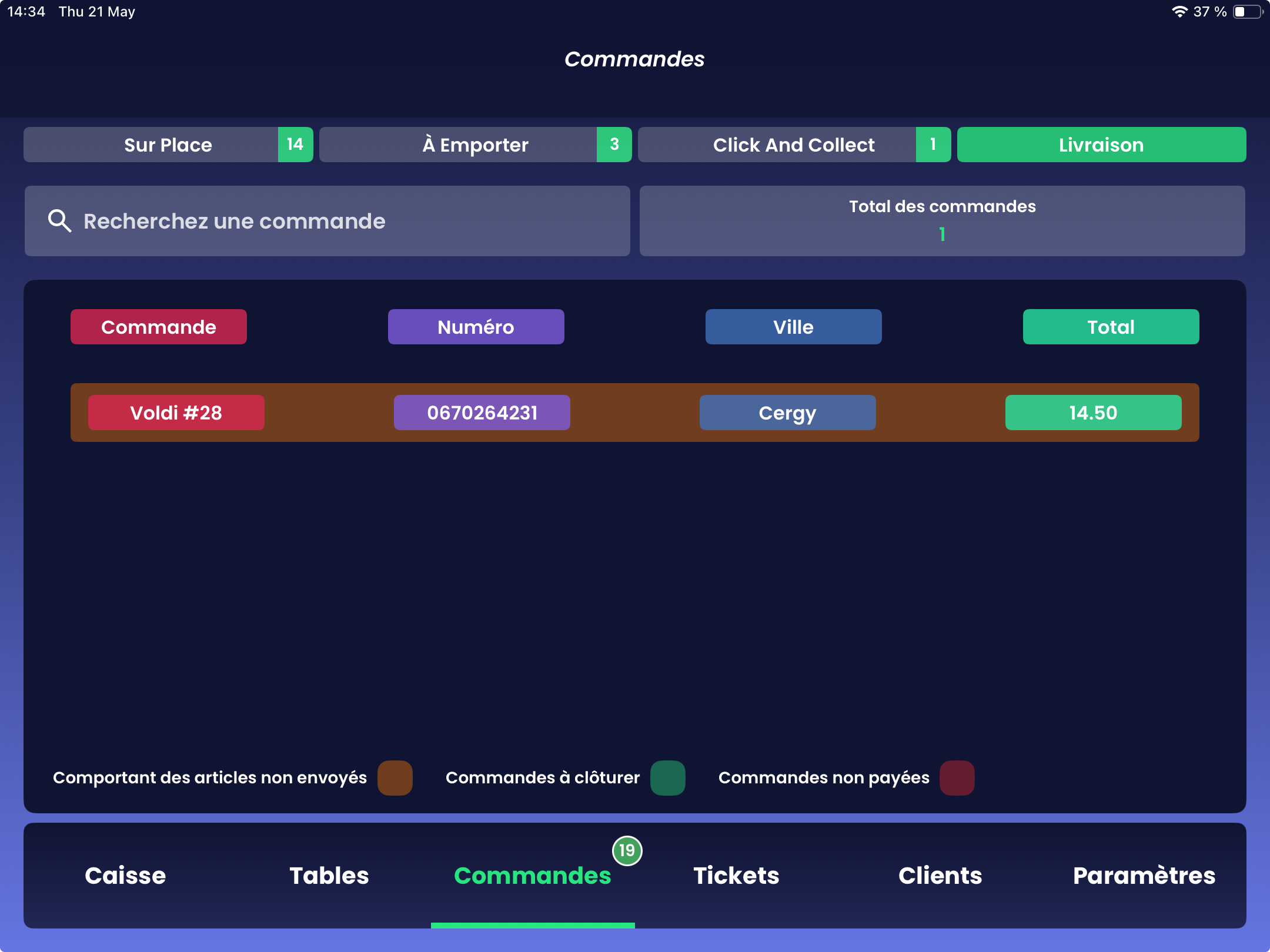 MCaisse - Ecran Commandes avec onglets Sur place, A emporter, Click & Collect et Livraison