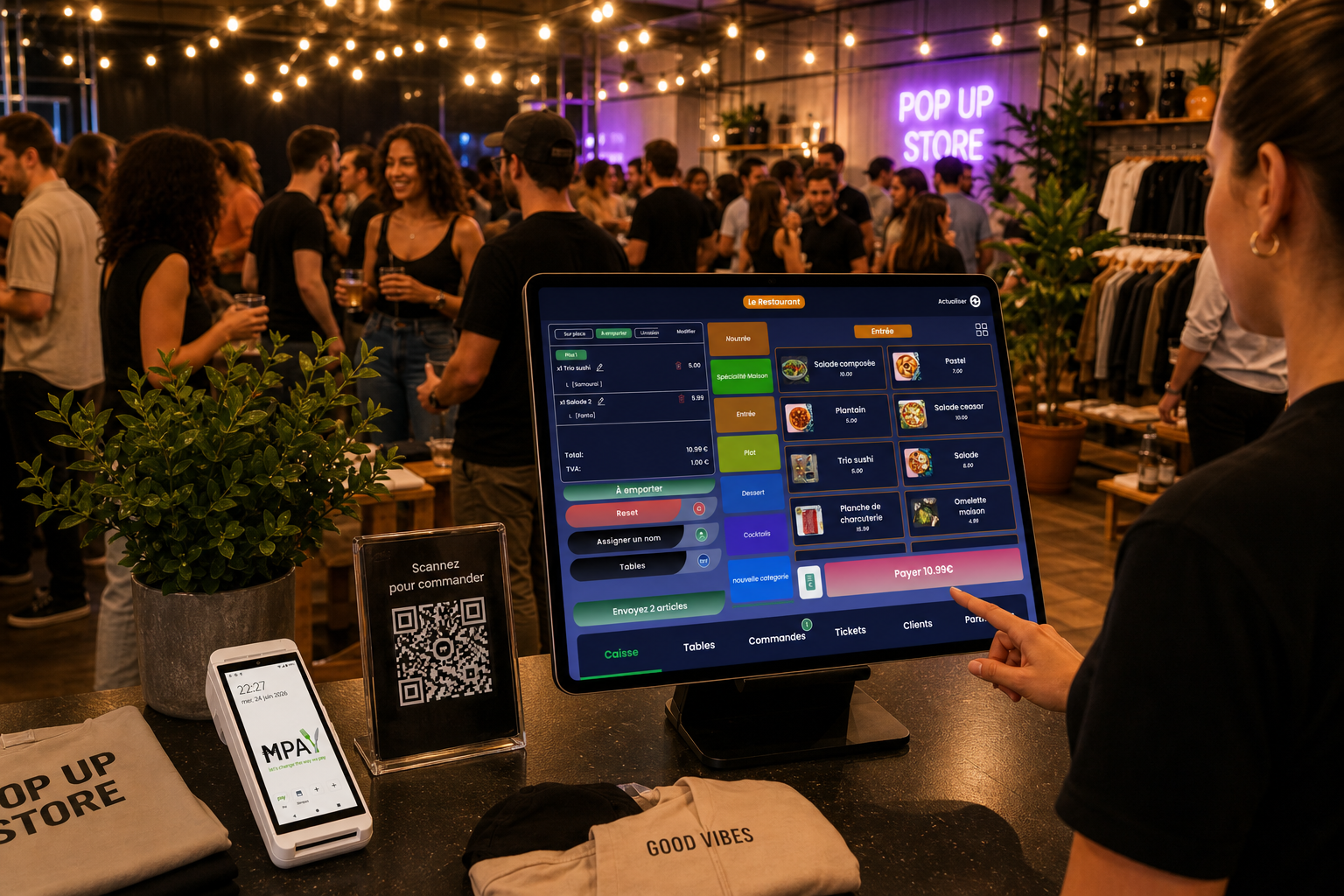 Pop-up store : caisse MCaisse et TPE sur un comptoir d'événement, public en arrière-plan
