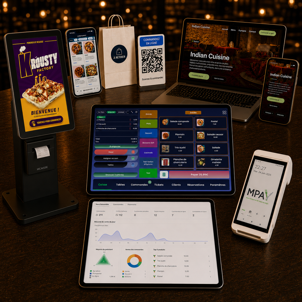Écosystème MCaisse : caisse au centre, entourée de la commande à table, du site web, du dashboard, de la borne, de l'app serveur et du TPE