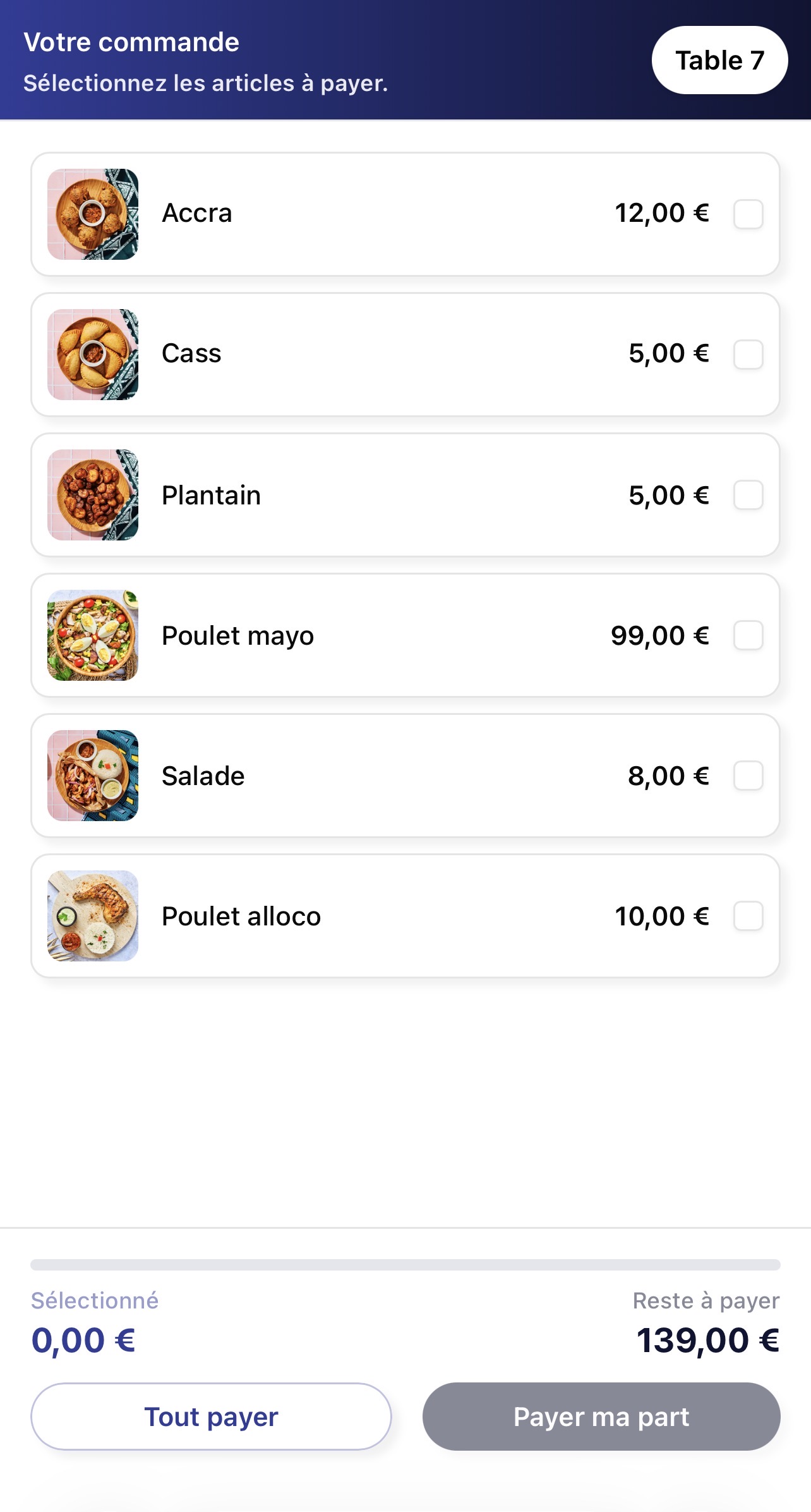 MCaisse — Paiement à table restaurant, sélection des articles et reste à payer