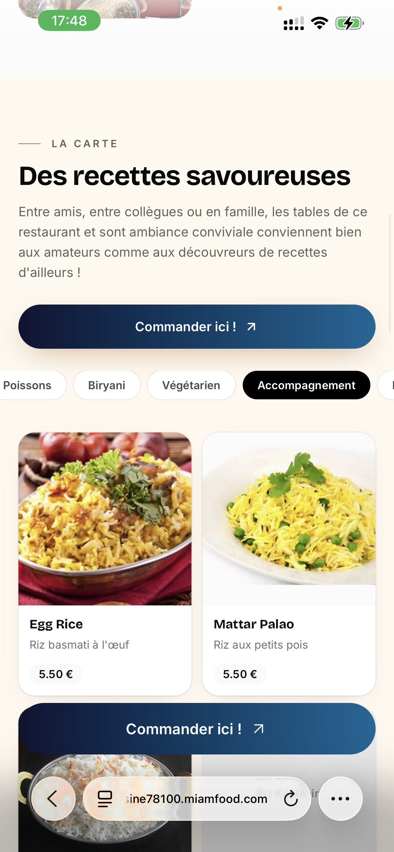 MCaisse - Site web restaurant, page carte avec catégories et produits