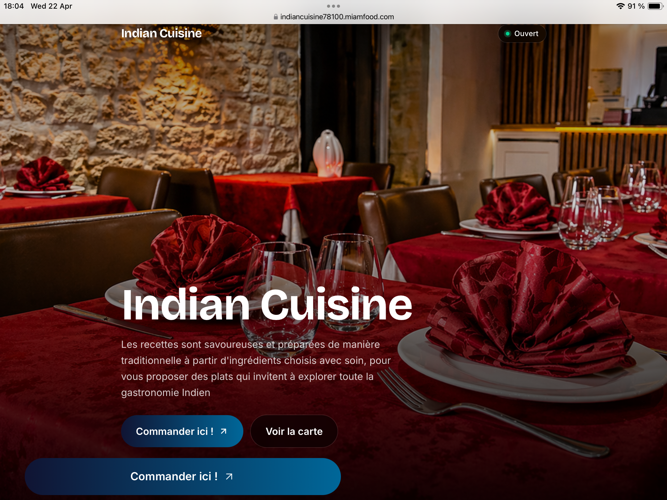 MCaisse — Site web restaurant sur tablette, hero plein écran