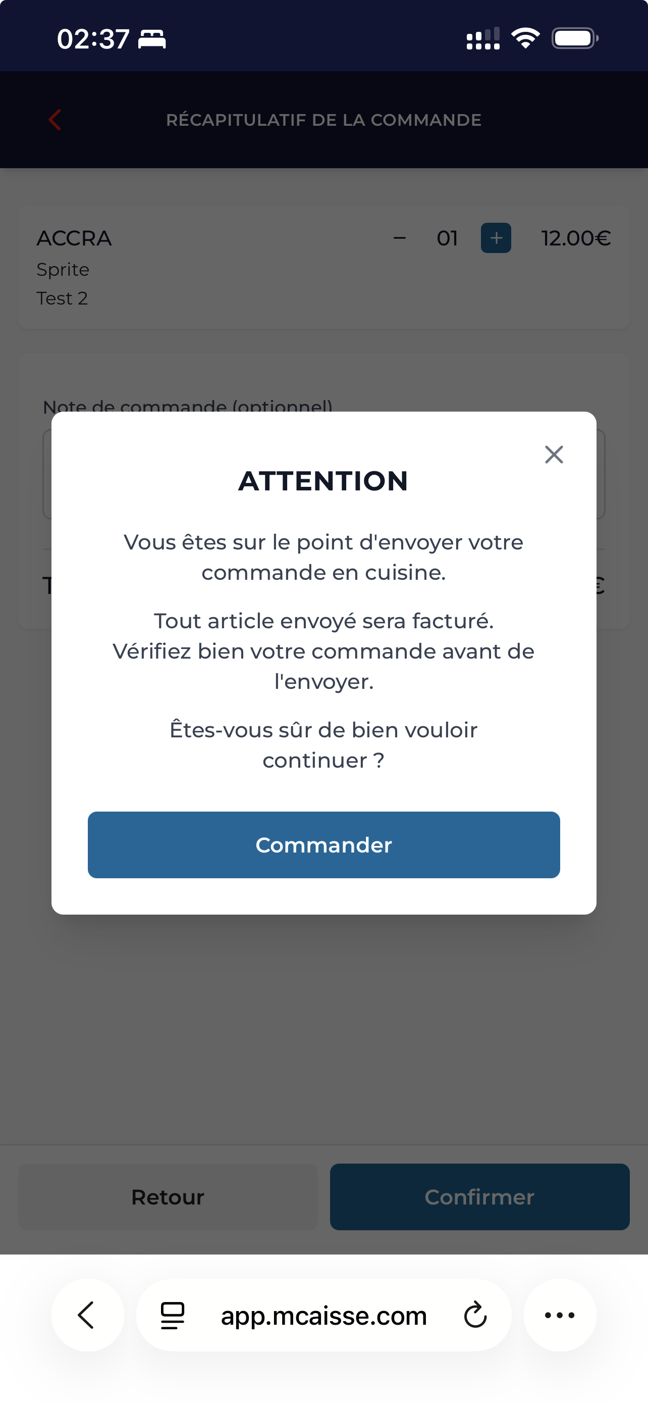 MCaisse — Confirmation commande à table avant envoi en cuisine