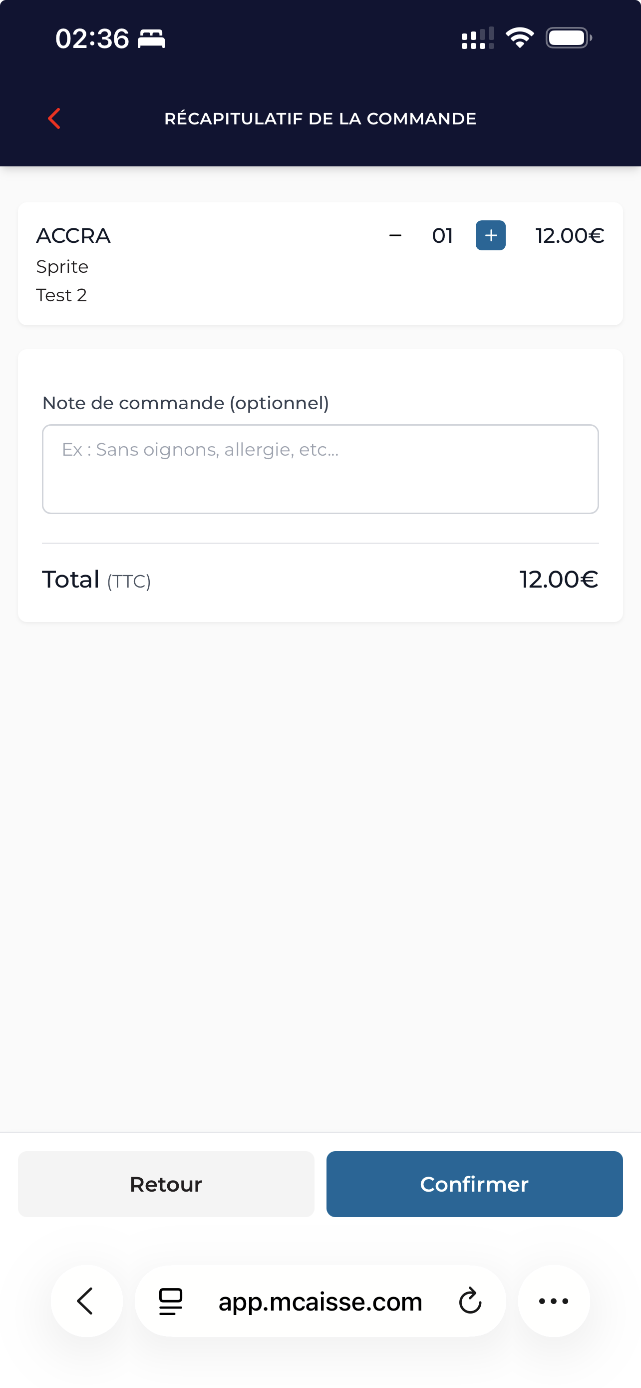 MCaisse — Récapitulatif commande à table avec total TTC