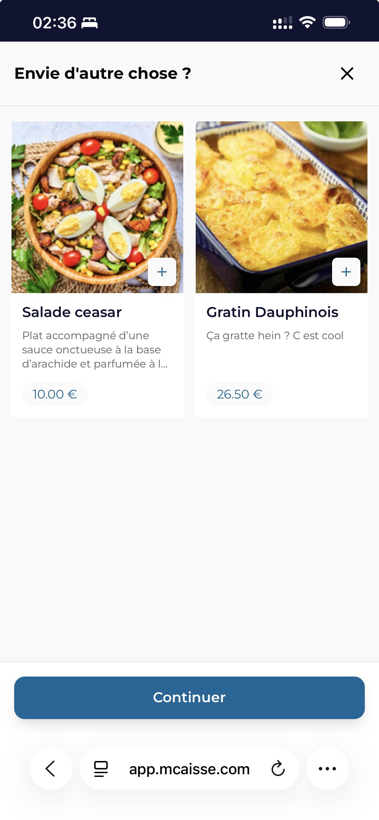 MCaisse — Commande à table, écran suggestions pour augmenter le panier