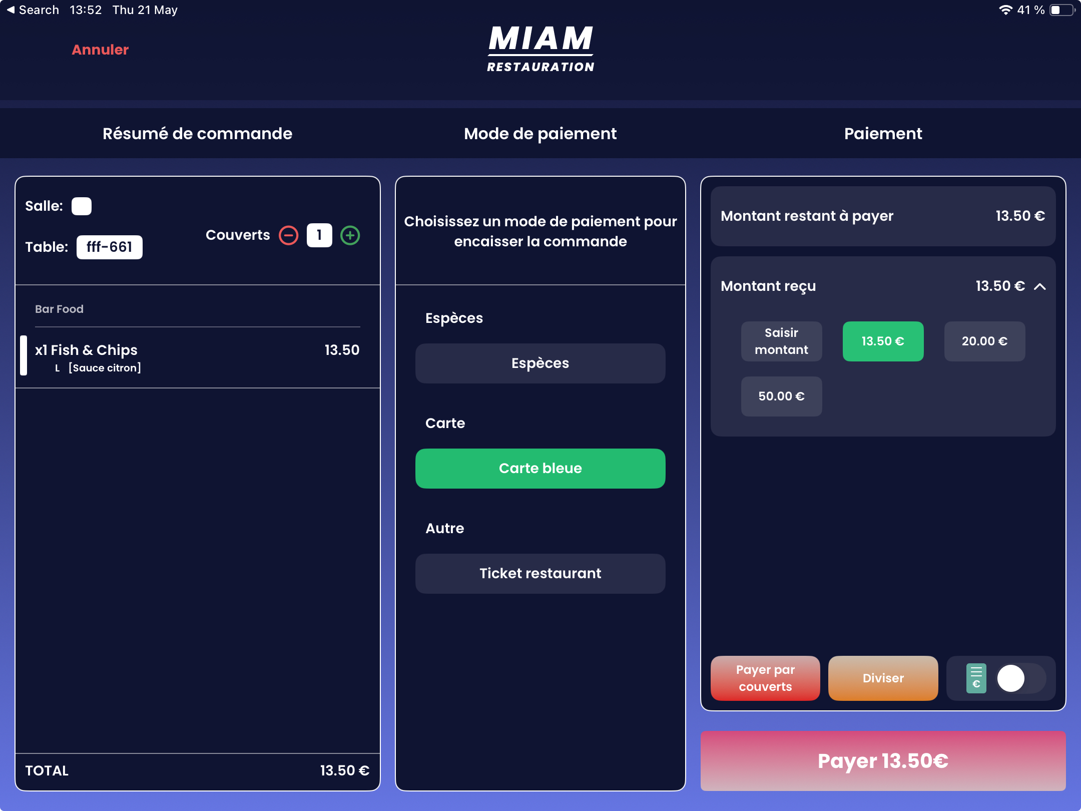 MCaisse - Ecran Commandes avec onglets Sur place, A emporter, Click & Collect et Livraison